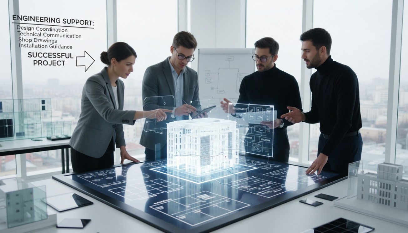 Engineering team reviewing a glass-glass BIPV building model with design coordination, technical communication and installation support